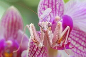 A rare and brilliantly colored orchid mantis blending seamlessly with a pink orchid flower photo