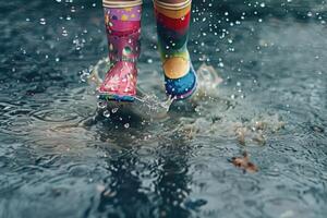 A child's feet in rain boots splashing in a puddle photo