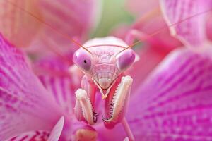 A rare and brilliantly colored orchid mantis blending seamlessly with a pink orchid flower photo