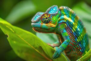 A rare and unusual chameleon displaying a spectrum of colors as it clings to a vibrant green leaf photo