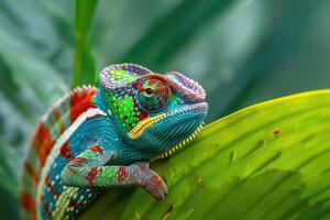 A rare and unusual chameleon displaying a spectrum of colors as it clings to a vibrant green leaf photo