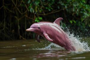 A rare and playful pink river dolphin leaping out of the water in the Amazon River photo