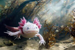 A rare, brightly colored axolotl swimming gracefully in a clear freshwater habitat photo