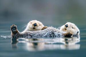 Sea otter floating on its back in the water, holding a shell photo