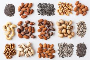 An assortment of nuts and seeds spread out on a white background photo
