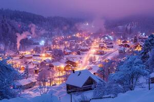 A snow-covered village at twilight with colorful lights photo