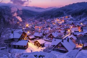A snow-covered village at twilight with colorful lights photo
