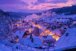 A snow-covered village at twilight with colorful lights photo