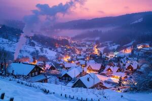 A snow-covered village at twilight with colorful lights photo