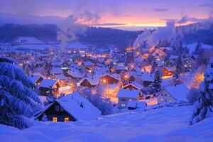 A snow-covered village at twilight with colorful lights photo