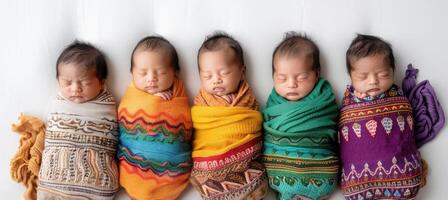 Five swaddled newborn babies of diverse ethnicities lying side by side on a white background. photo