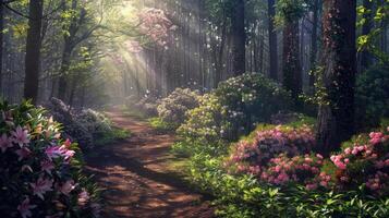A winding path through a vibrant forest with blooming flowers and sunlight filtering through trees. photo