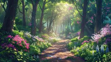 A winding path through a vibrant forest with blooming flowers and sunlight filtering through trees. photo