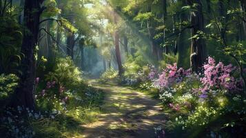 A winding path through a vibrant forest with blooming flowers and sunlight filtering through trees. photo
