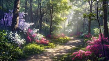 A winding path through a vibrant forest with blooming flowers and sunlight filtering through trees. photo