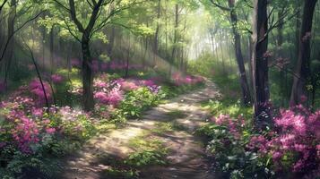 A winding path through a vibrant forest with blooming flowers and sunlight filtering through trees. photo