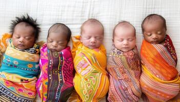 Five swaddled newborn babies of diverse ethnicities lying side by side on a white background. photo