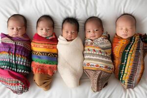 Five swaddled newborn babies of diverse ethnicities lying side by side on a white background. photo