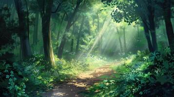 A sunlit forest path surrounded by lush green foliage in summer. photo