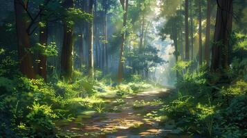 A sunlit forest path surrounded by lush green foliage in summer. photo