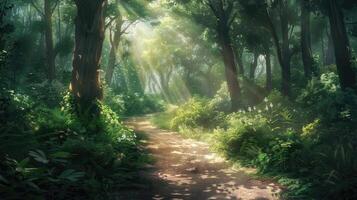 A sunlit forest path surrounded by lush green foliage in summer. photo