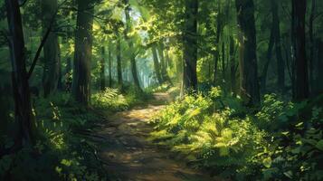 A sunlit forest path surrounded by lush green foliage in summer. photo