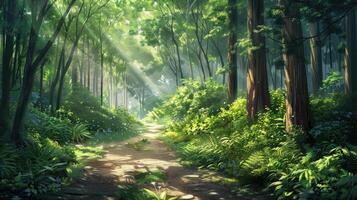 A sunlit forest path surrounded by lush green foliage in summer. photo