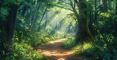 A sunlit forest path surrounded by lush green foliage in summer. photo