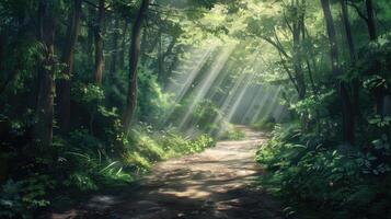 A sunlit forest path surrounded by lush green foliage in summer. photo
