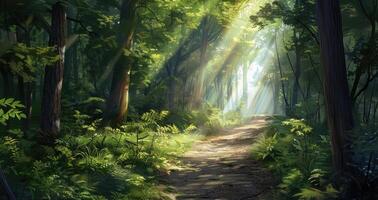 A sunlit forest path surrounded by lush green foliage in summer. photo