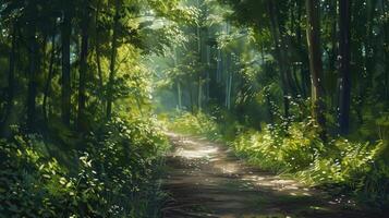 A sunlit forest path surrounded by lush green foliage in summer. photo
