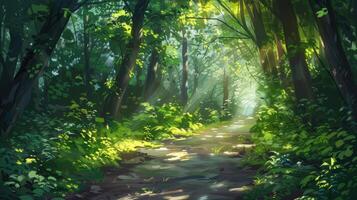 A sunlit forest path surrounded by lush green foliage in summer. photo