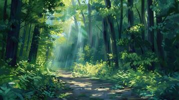 A sunlit forest path surrounded by lush green foliage in summer. photo