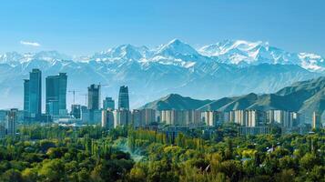 A panoramic view of Almaty's skyline with the majestic mountains in the background. photo