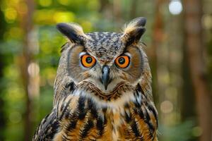A curious owl looks directly into the camera. photo