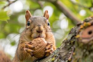 A playful squirrel holding a nut looks at the camera. photo