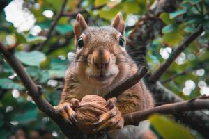A playful squirrel holding a nut looks at the camera. photo