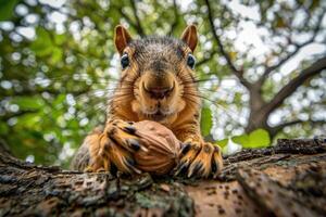 A playful squirrel holding a nut looks at the camera. photo