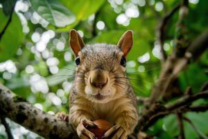 A playful squirrel holding a nut looks at the camera. photo
