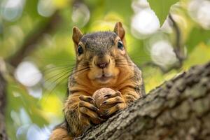 A playful squirrel holding a nut looks at the camera. photo