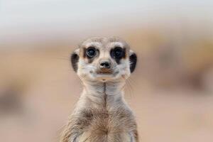 A meerkat stands upright, gazing into the camera. photo
