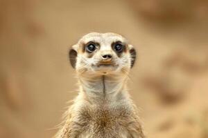 A meerkat stands upright, gazing into the camera. photo