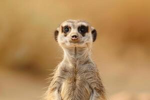 A meerkat stands upright, gazing into the camera. photo