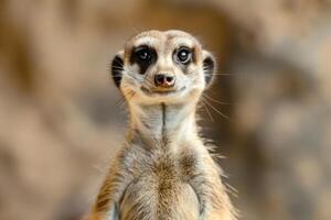 A meerkat stands upright, gazing into the camera. photo