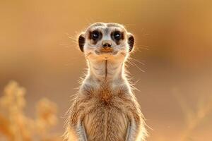 A meerkat stands upright, gazing into the camera. photo