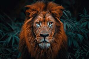 A majestic lion with a regal mane stares into the camera. photo
