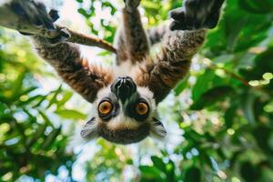 A playful lemur hangs from a branch, looking at the camera. photo