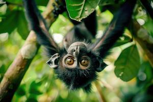 A playful monkey hangs from a branch, looking at the camera. photo