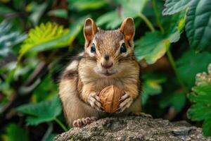 A playful chipmunk holding a nut looks at the camera. photo
