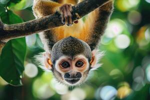 A playful monkey hangs from a branch, looking at the camera. photo